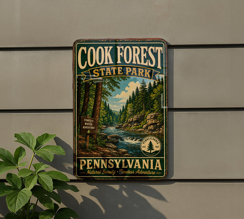 A vintage-style metal sign for Cook Forest State Park in Pennsylvania, featuring a scenic image of a forest and a river.