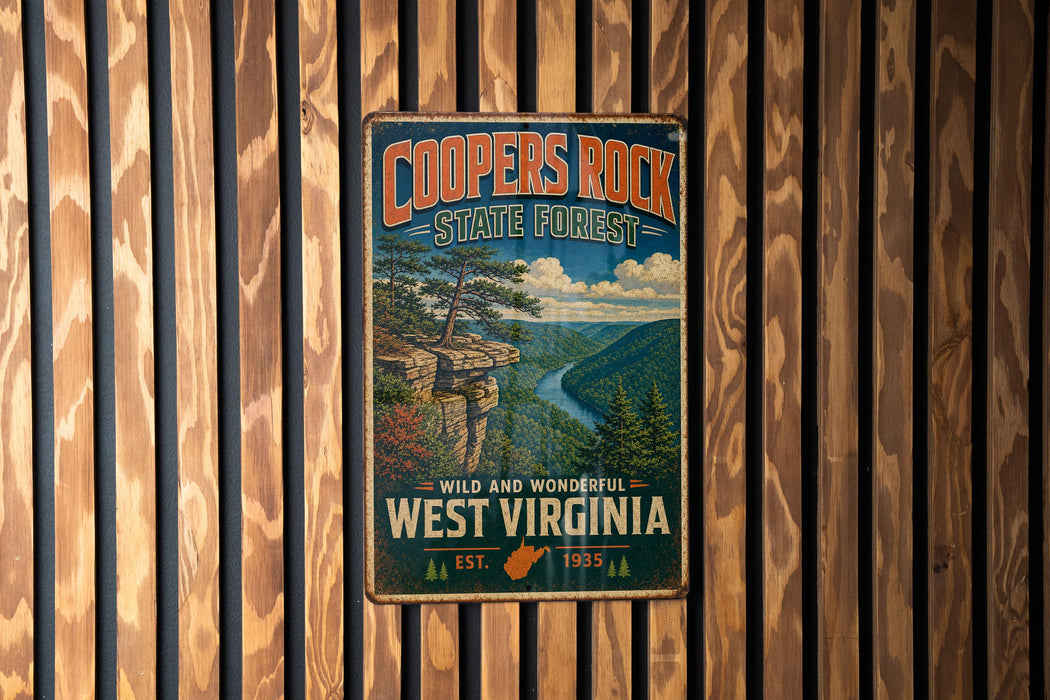 A vintage-style metal sign for the Coopers Rock State Forest in West Virginia, featuring a scenic landscape with a mountain, river, and pine trees.