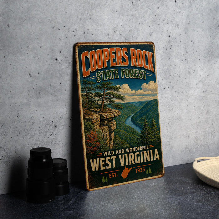 A vintage-style metal sign for the Coopers Rock State Forest in West Virginia, featuring a scenic landscape with a river and mountains.