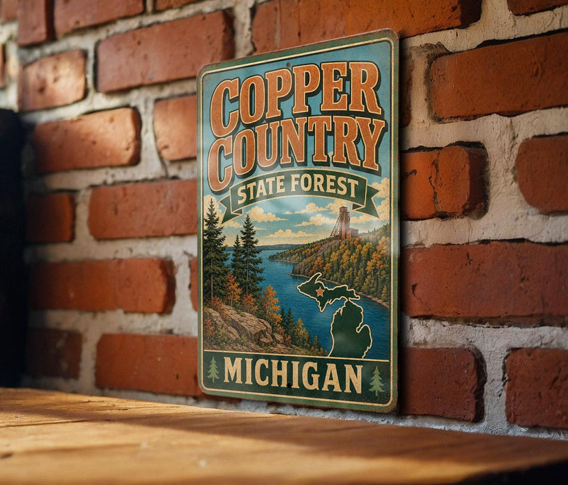 A vintage-style metal sign with the text "Copper Country State Forest Michigan" is displayed on a brick wall.