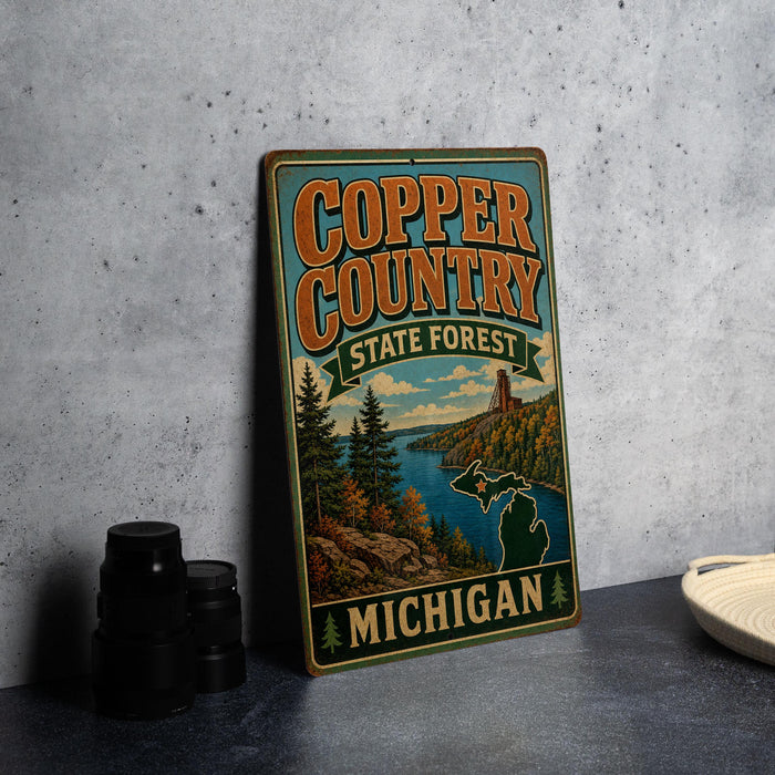 A vintage-style metal sign for Copper Country State Forest in Michigan, featuring a scenic landscape with pine trees, a river, and mountains.