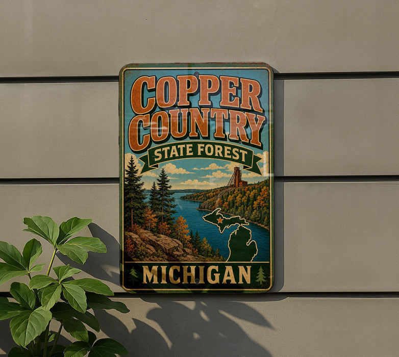 A vintage-style metal sign for Copper Country State Forest in Michigan, featuring a scenic landscape with a river, mountains, and pine trees.