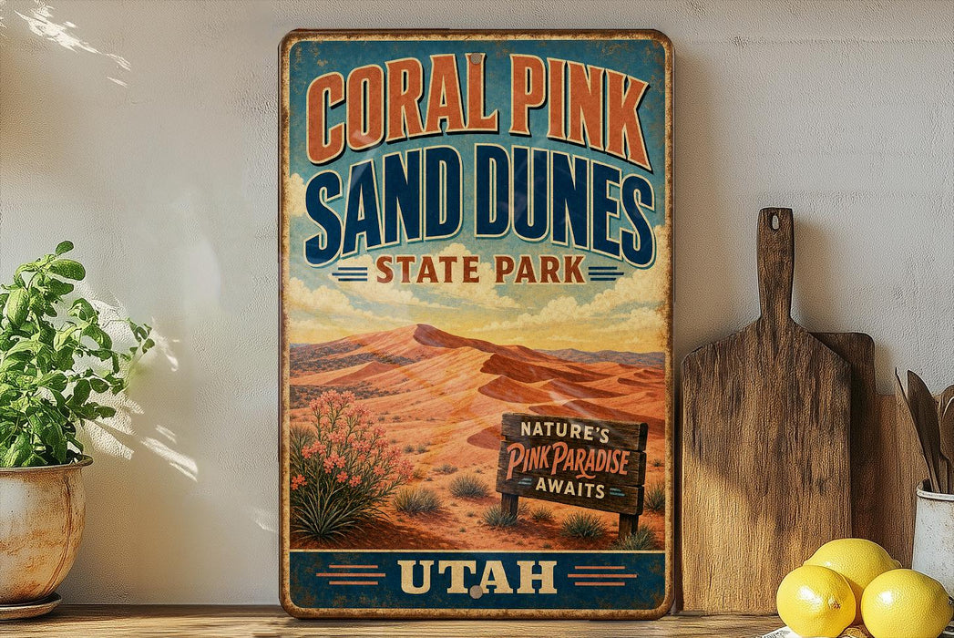 A vintage-style sign for Coral Pink Sand Dunes State Park in Utah, featuring a desert landscape with mountains and a wooden sign that reads "Nature's Pink Paradise Awaits".