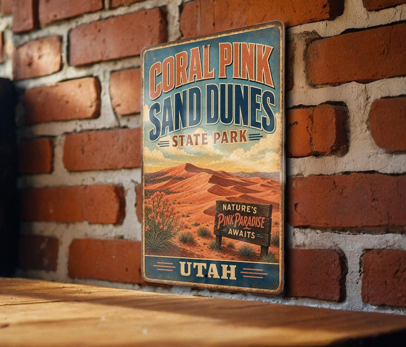 A vintage-style metal sign for Coral Pink Sand Dunes State Park in Utah, featuring a desert landscape with mountains and a sign that says "Nature's Pink Paradise Awaits".