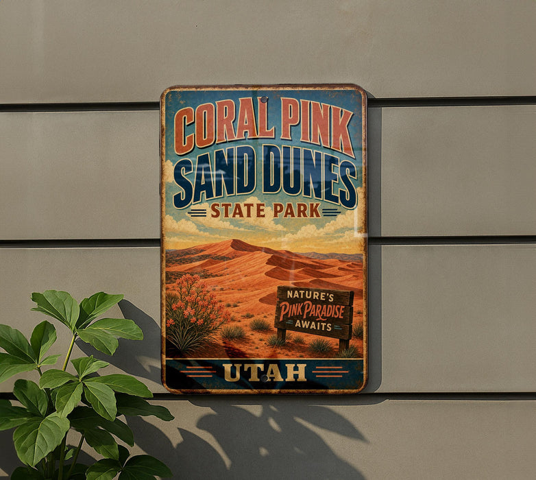 A vintage-style metal sign for the Coral Pink Sand Dunes State Park in Utah, featuring a desert landscape with mountains and a cactus in the foreground.