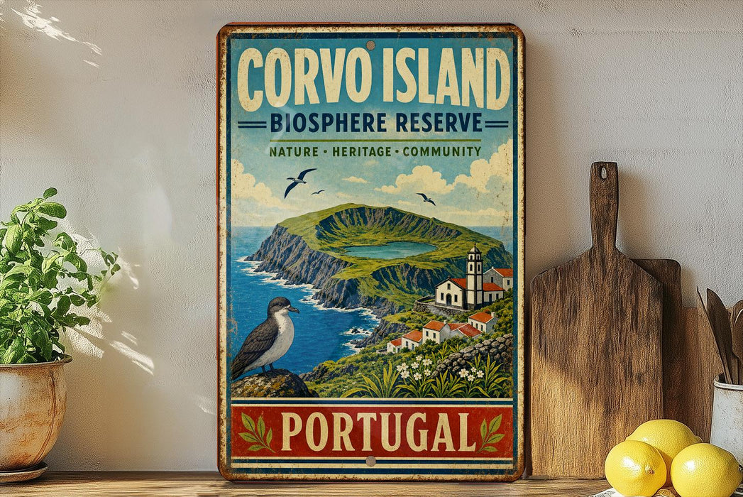 a vintage-style sign for Corvo Island, Portugal, with a coastal landscape and a bird perched on a rock.
