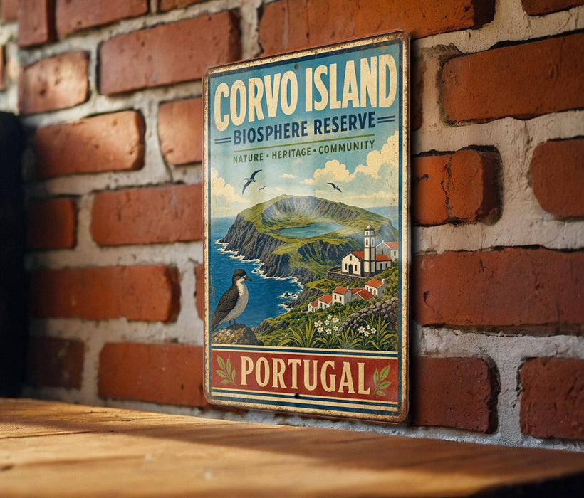 a vintage-style sign for Corvo Island, Portugal, mounted on a brick wall.