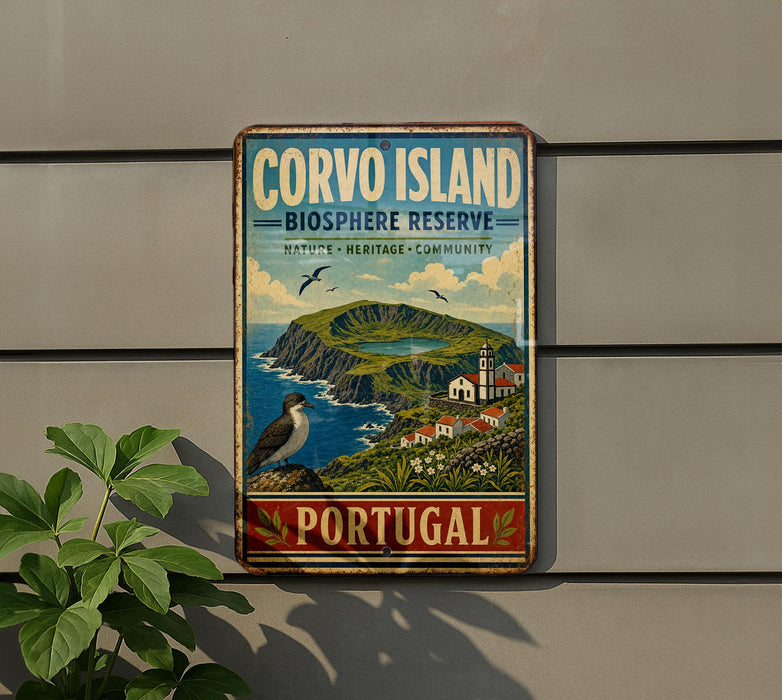 a vintage-style sign for Corvo Island, Portugal, with a bird perched on a cliff overlooking the ocean.