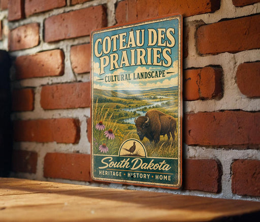 A vintage-style metal sign for Coteau Des Prairies, featuring a buffalo and a scenic landscape, is mounted on a brick wall.