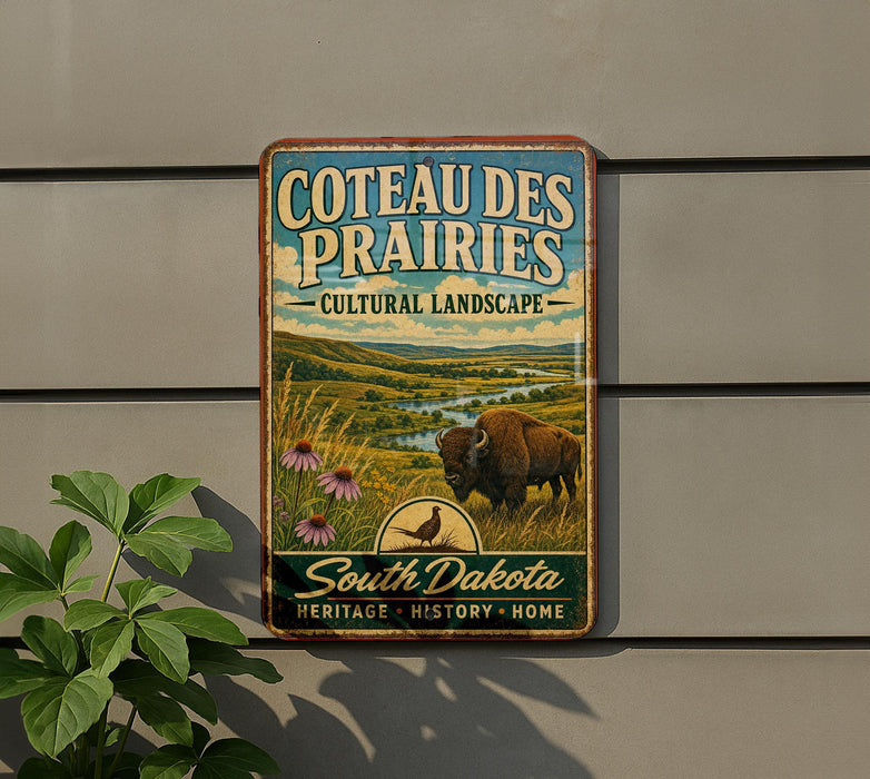 a vintage metal sign with a buffalo and a field, mounted on a wall.