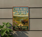 a vintage metal sign with a buffalo and a field, mounted on a wall.