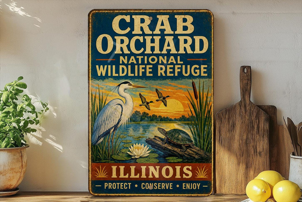 A vintage-style metal sign for the Crab Orchard National Wildlife Refuge in Illinois, featuring an illustration of a heron and a turtle in a pond.