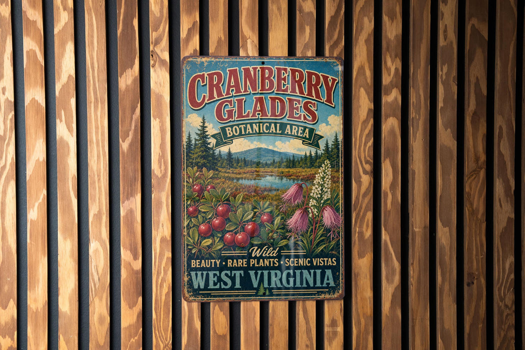 A vintage-style metal sign for the cranberry glades botanical area in West Virginia, featuring a scenic landscape with wild plants and berries.