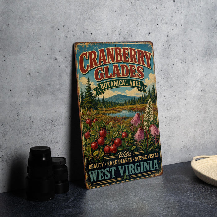 A vintage-style metal sign advertising cranberry glades, a botanical area, with a scenic landscape and wildflowers.