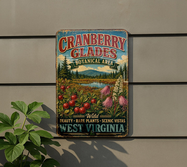 A vintage-style metal sign advertising cranberry glades, a botanical area, with a scenic landscape featuring a lake, pine trees, and wildflowers.