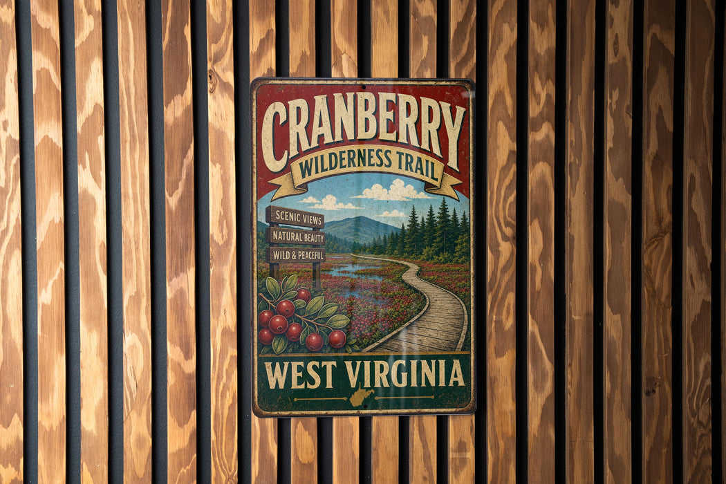 A vintage metal sign for the Cranberry Wilderness Trail in West Virginia, featuring a scenic view of a forest and a winding path.