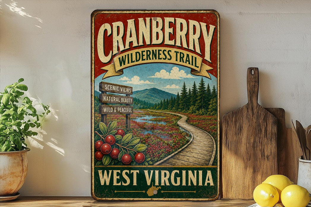 A vintage-style metal sign for the Cranberry Wilderness Trail in West Virginia, featuring a scenic view of a forest and a winding path.