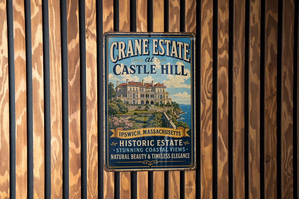 A vintage-style metal sign for Crane Estate at Castle Hill in Ipswich, Massachusetts, featuring an illustration of a historic estate with a scenic coastal view.