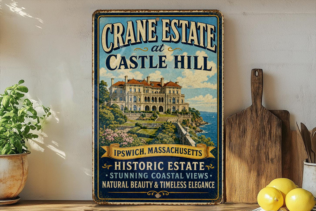 A vintage-style sign for Crane Estate at Castle Hill in Ipswich, Massachusetts, featuring an illustration of a historic mansion overlooking the ocean.