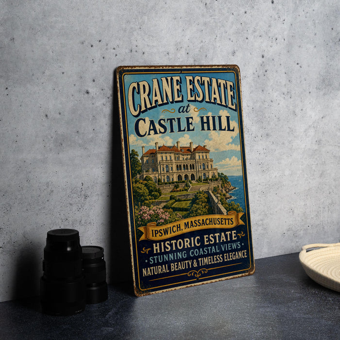 A vintage-style metal sign advertising Cranes Estate at Castle Hill in Ipswich, Massachusetts, featuring an illustration of a large, ornate building overlooking the ocean.