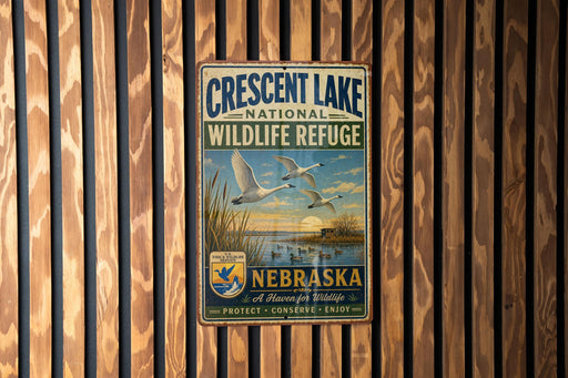 A vintage metal sign for the Crescent Lake National Wildlife Refuge in Nebraska, featuring a serene landscape with ducks and a sunset.