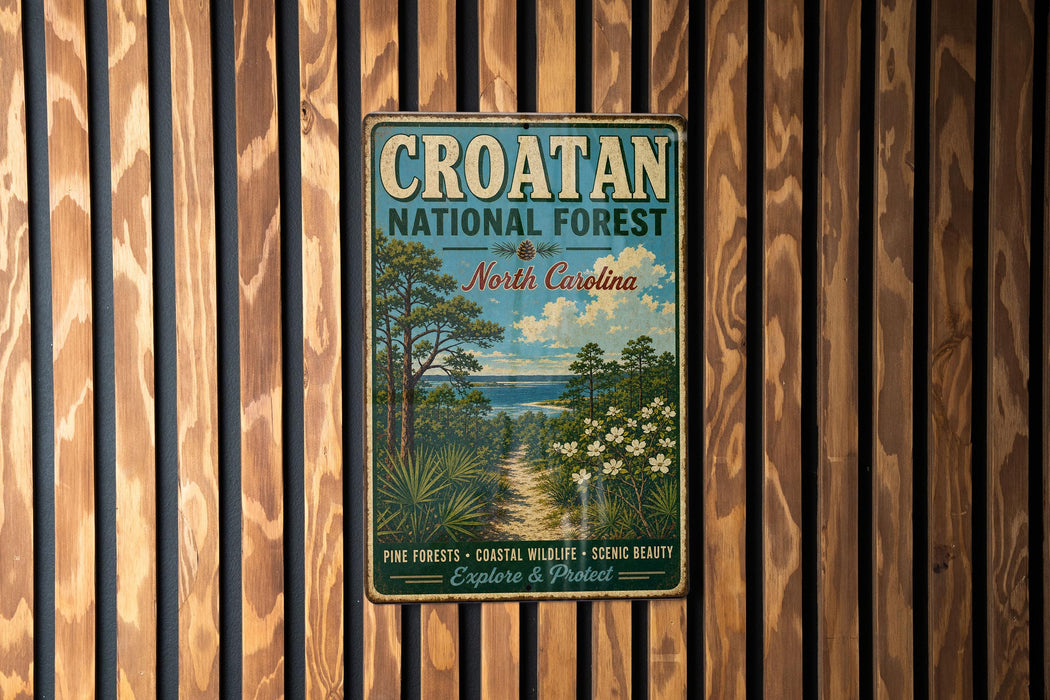 A vintage metal sign for the Croatian National Forest in North Carolina, featuring a scenic landscape with pine forests, coastal wildlife, scenic beauty, and opportunities for exploration and protection.