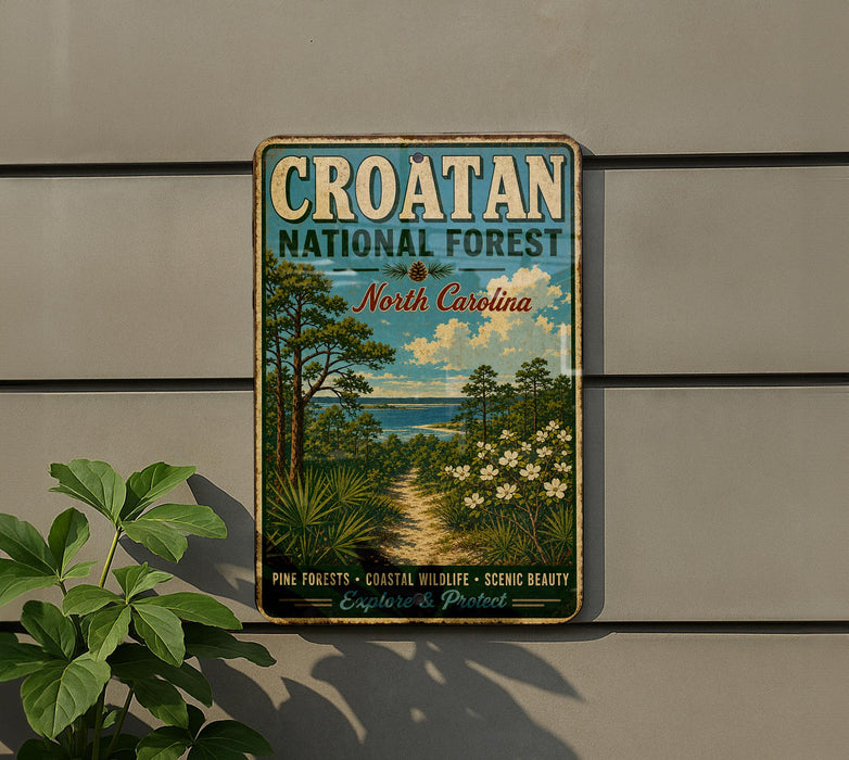 A vintage metal sign for the Croatan National Forest in North Carolina, featuring a scenic landscape with pine forests, coastal wildlife, and scenic beauty.