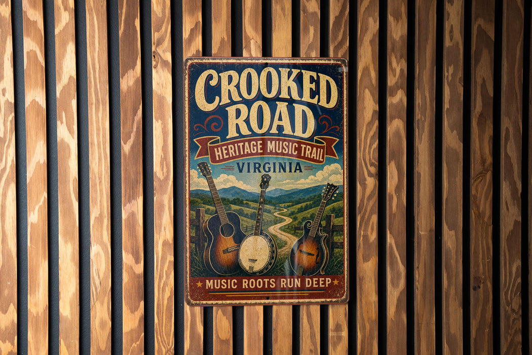 A vintage metal sign with the text "Crooked Road" and "Heritage Music Trail Virginia" displayed on a wooden wall.