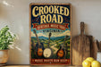 a vintage-style metal sign with the text "Crooked Road Heritage Music Trail Virginia Music Roots Run Deep" displayed prominently.