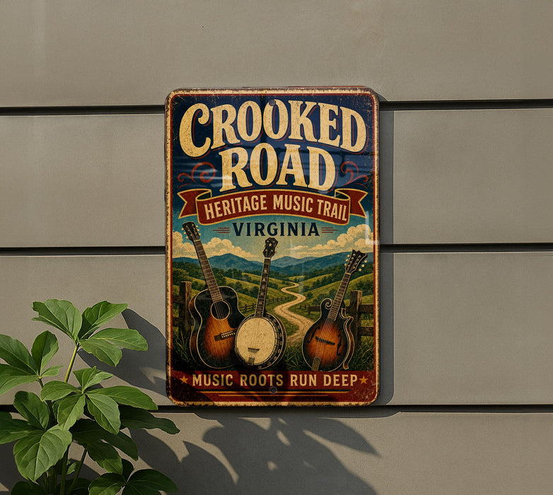 A vintage metal sign for the Crooked Road Heritage Music Trail in Virginia, featuring an illustration of banjo, guitar, and banjo.