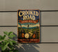 A vintage metal sign for the Crooked Road Heritage Music Trail in Virginia, featuring an illustration of banjo, guitar, and banjo.
