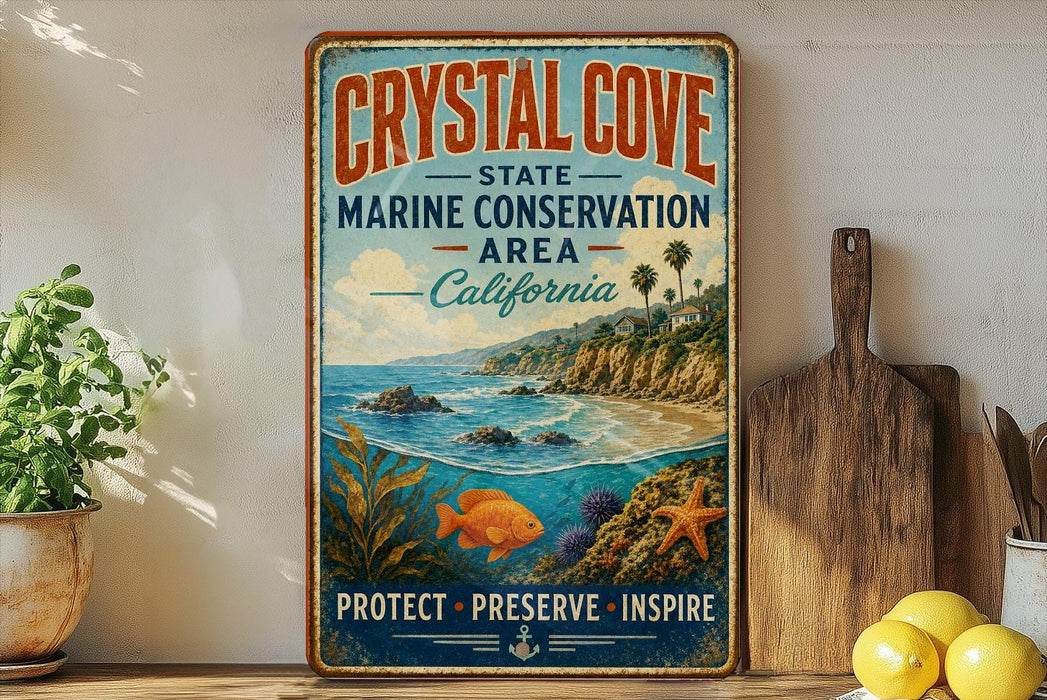 A vintage-style metal sign for Crystal Cove State Marine Conservation Area in California, featuring a coastal landscape with a fish, palm trees, and a wooden paddle.