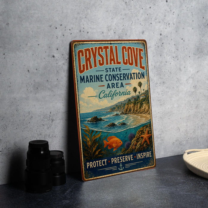 A vintage-style metal sign for Crystal Cove State Marine Conservation Area in California, featuring a coastal scene with a fish, palm trees, and a beach.