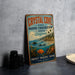 A vintage-style metal sign for Crystal Cove State Marine Conservation Area in California, featuring a coastal scene with a fish, palm trees, and a beach.