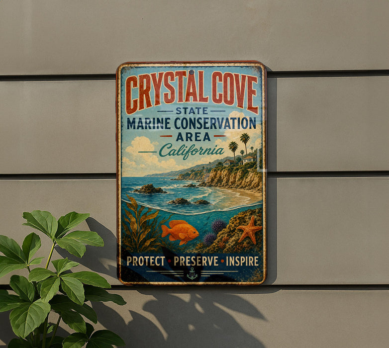 A vintage-style metal sign for Crystal Cove State Marine Conservation Area in California, featuring a coastal landscape with a beach, ocean, and marine life.