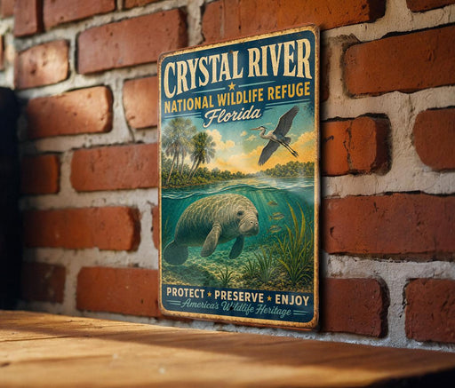 A vintage-style metal sign for the Crystal River National Wildlife Refuge in Florida, featuring an illustration of a manatee and a bird in flight.