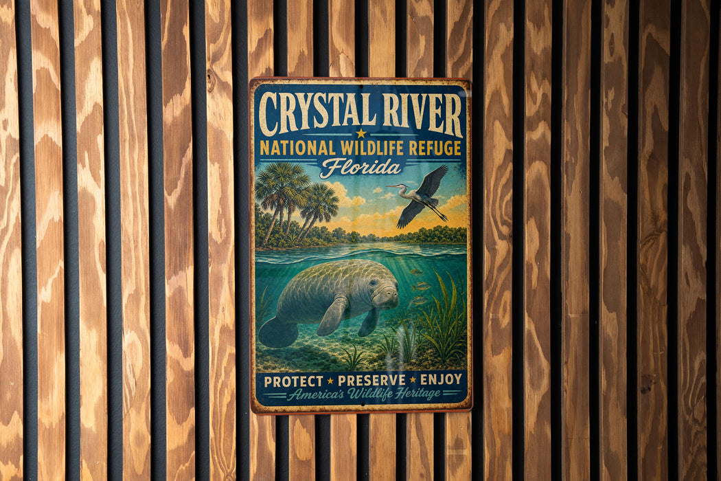 A vintage-style metal sign for the Crystal River National Wildlife Refuge in Florida, featuring an illustration of a manatee and a bird in flight.