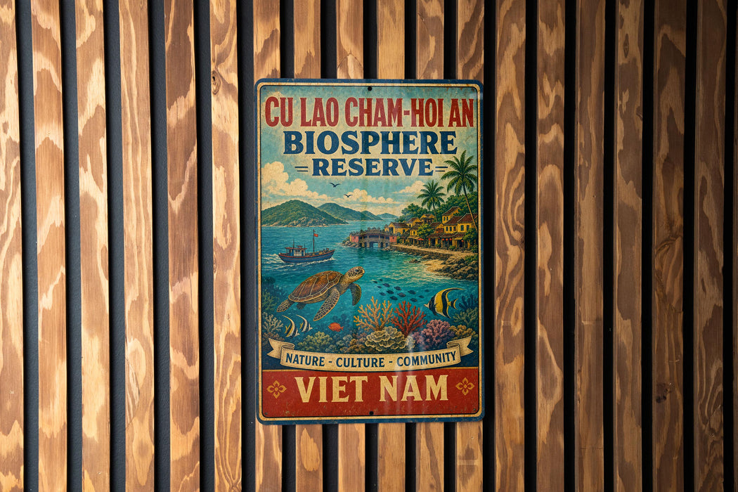 a vintage-style sign with a tropical beach scene, including a boat, palm trees, and a turtle, mounted on a wooden wall.