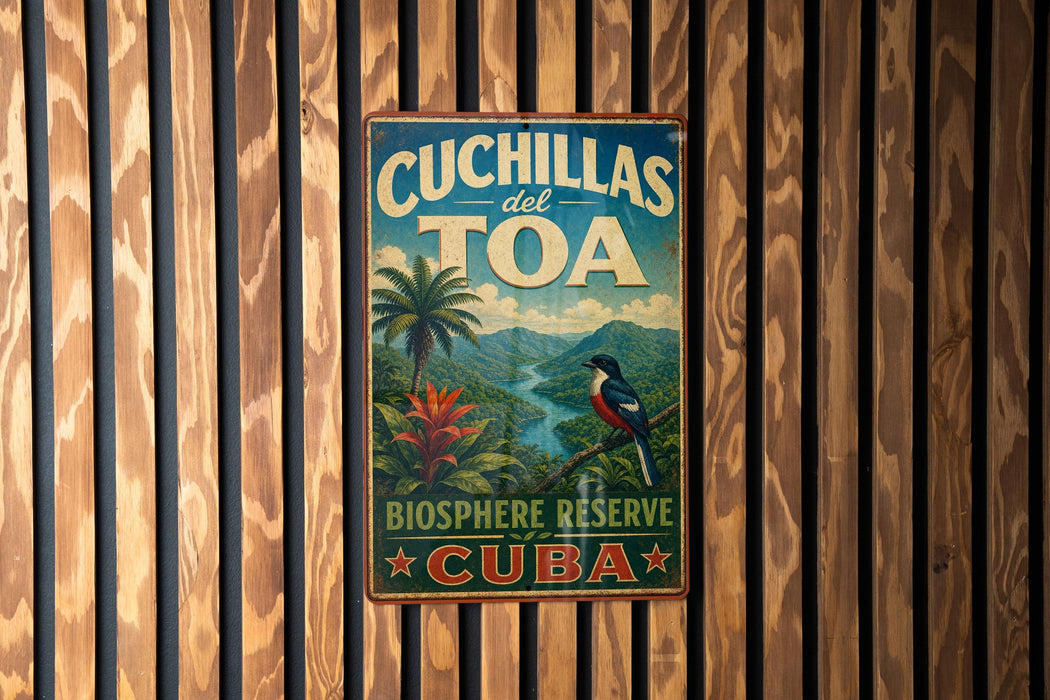 A vintage-style metal sign with the text "Cuchillas del Toa" and "Biosphere Reserve Cuba" is displayed on a wooden wall.