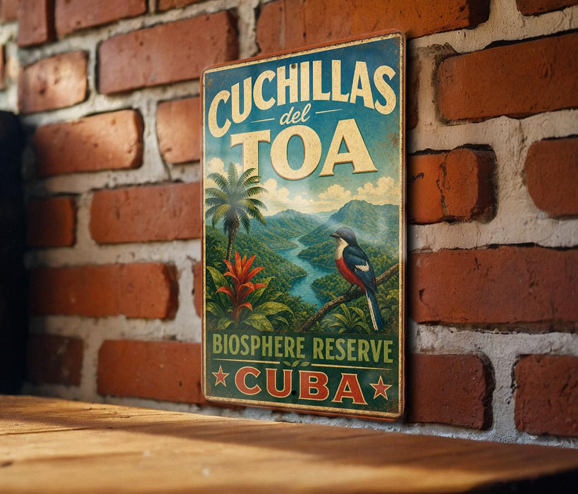 a vintage-style sign for the Cuchillas del Toa Biosphere Reserve in Cuba, hanging on a brick wall.