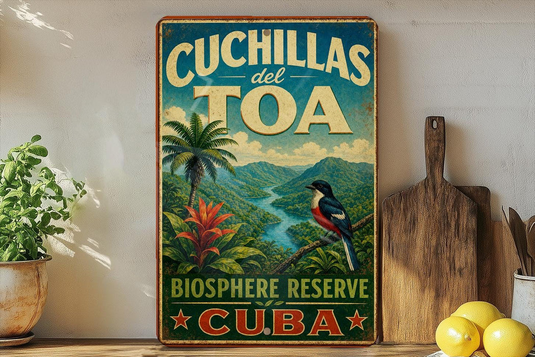 a vintage-style sign for the Cuchillas del Toa Biosphere Reserve in Cuba, with a tropical landscape and a bird perched on a branch.