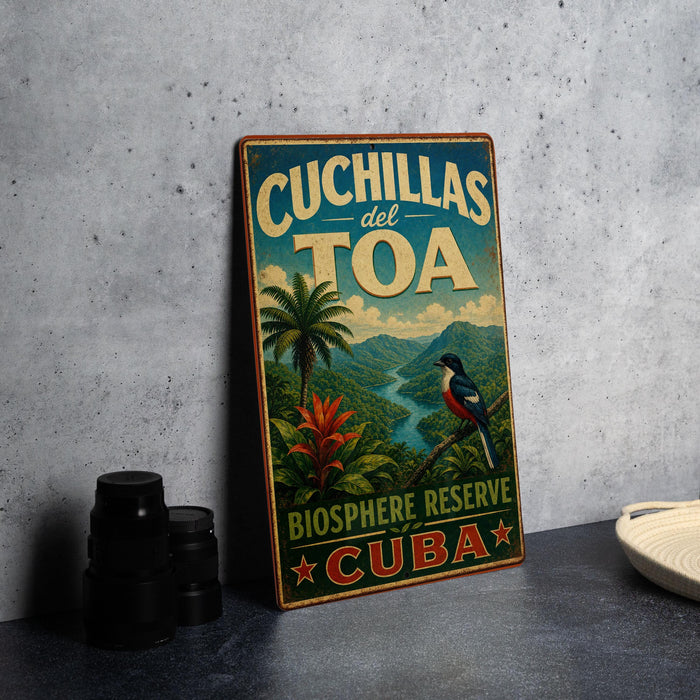 A vintage-style sign for the Cuchillas del Toa Biosphere Reserve in Cuba, featuring a tropical landscape with palm trees and a bird.