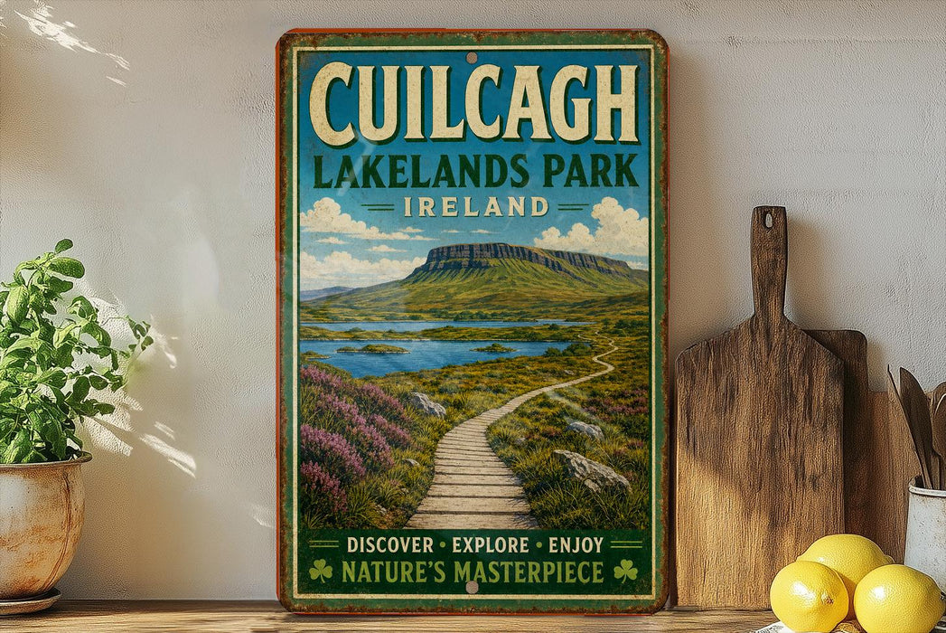 a vintage-style sign for Cuilcagh Lakelands Park, Ireland, with a scenic landscape of mountains, a lake, and a path leading through the grassy area.
