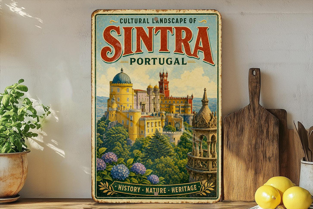 a vintage-style metal sign with a colorful illustration of a castle, surrounded by nature, placed on a shelf next to a wooden cutting board and some potted plants.