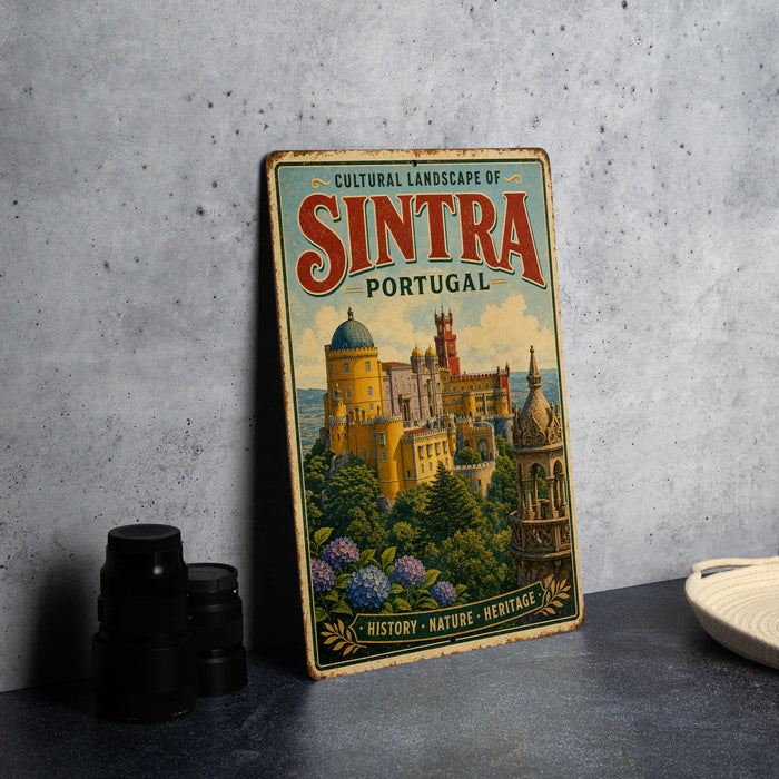 A vintage-style sign for the cultural landscape of Sintra, Portugal, featuring an illustration of a castle surrounded by nature and heritage.