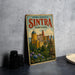 A vintage-style sign for the cultural landscape of Sintra, Portugal, featuring an illustration of a castle surrounded by nature and heritage.