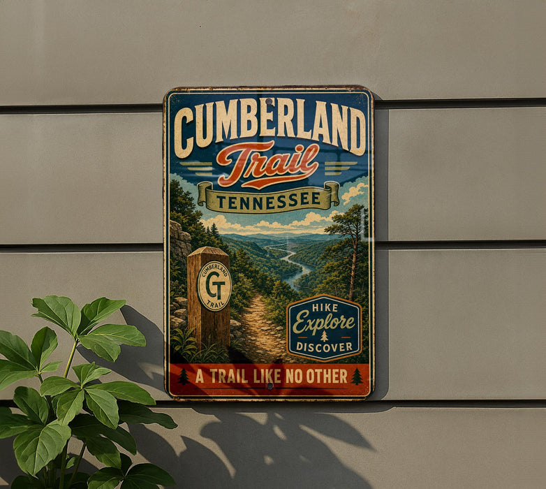 A vintage metal sign for the Cumberland Trail in Tennessee, featuring a scenic mountain landscape and a trail marker.