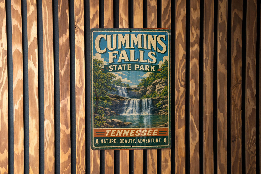 A vintage metal sign for Cummins Falls State Park in Tennessee, featuring a waterfall and lush greenery.