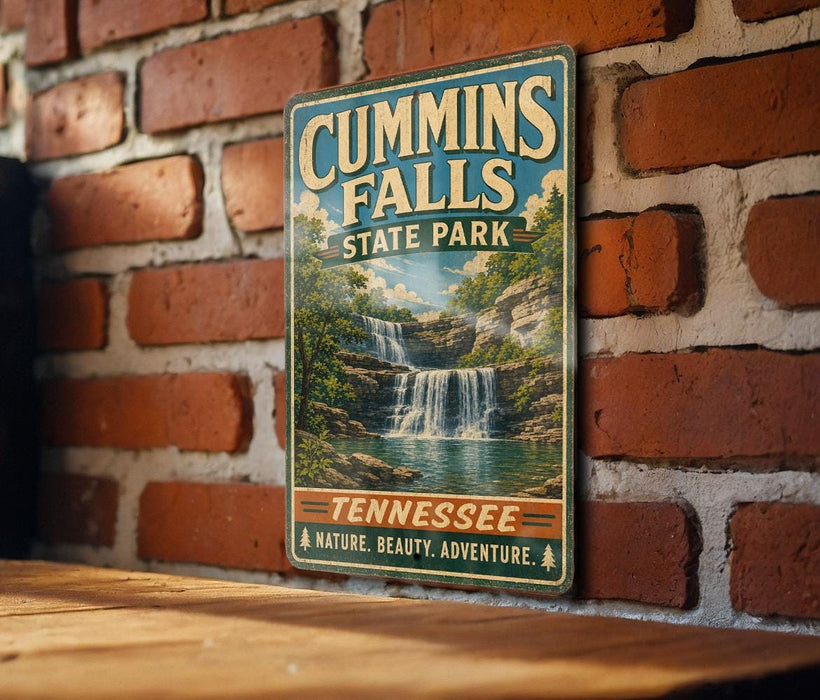 A vintage metal sign for Cummins Falls State Park in Tennessee, featuring a scenic image of a waterfall surrounded by lush greenery.
