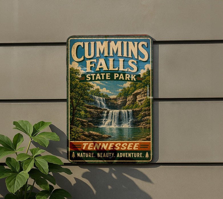A vintage metal sign for Cummins Falls State Park in Tennessee, featuring a scenic image of the waterfall surrounded by lush greenery.